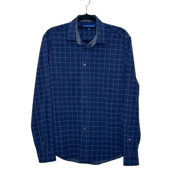 🆕 VINCE CAMUTO Shirt Mens Large Blue Check Button Up Long Sleeve Stretch - Picture 1 of 8